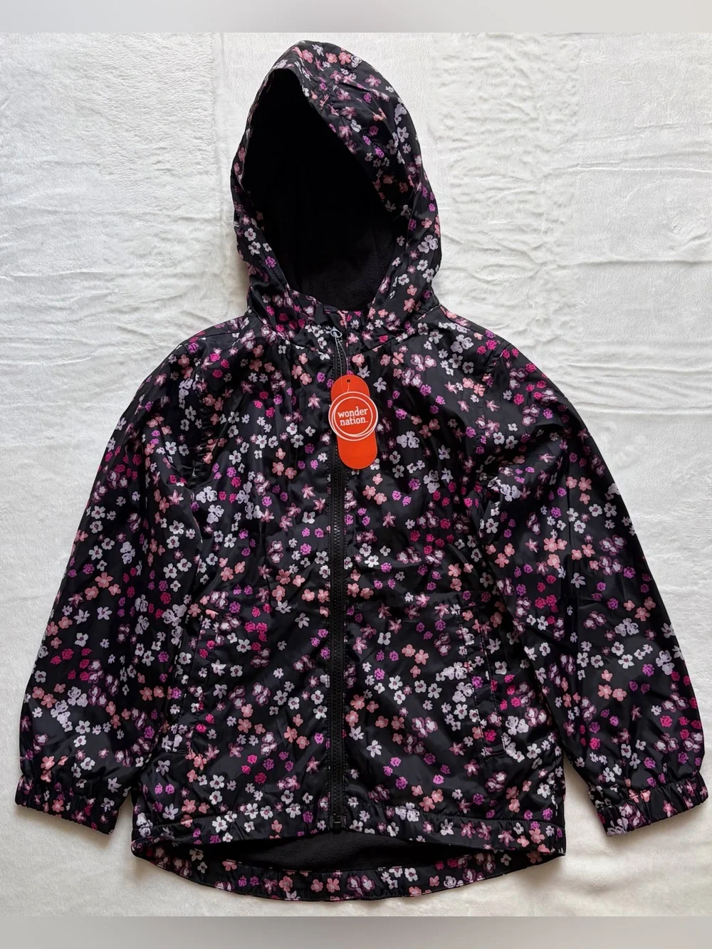 Girls Black Floral Windbreaker - NWT Full Zip Jacket With Hood & Pockets, Size 6